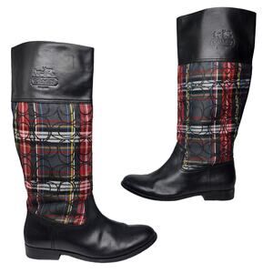 Coach Boots Womens 8.5 Black Red Plaid Tartan Leather Knee High Heeled Knee High